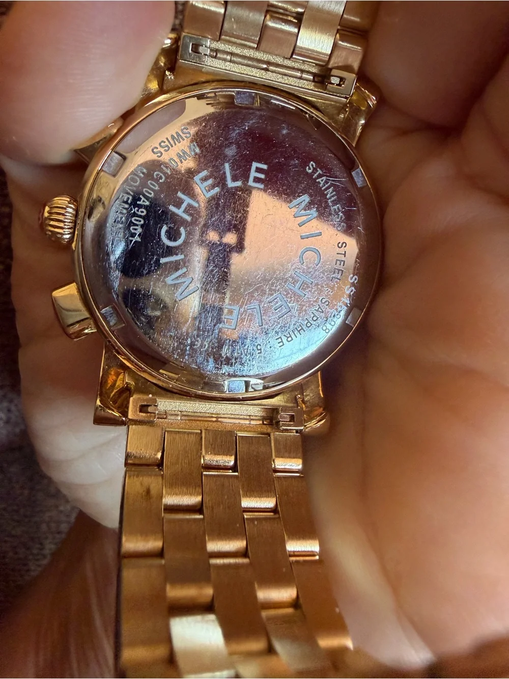 MICHELE Gold-Tone Swiss Chronograph Watch – White Dial – 37mm – 6” Bracelet